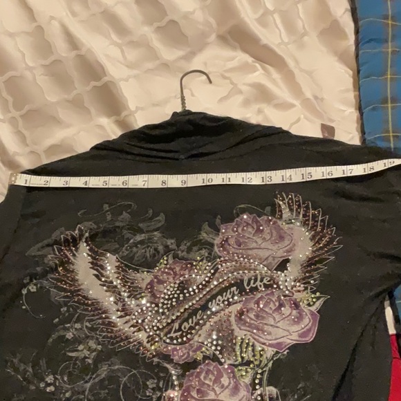 S-Twelve Dark Grey long sweater “Love your life” with rhinestones Wings & Roses - Picture 8 of 8